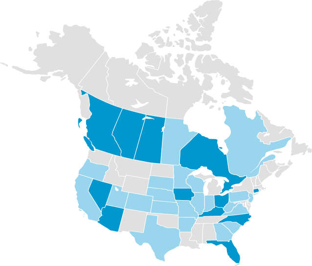 Map of North America with blue highlights depicting service areas