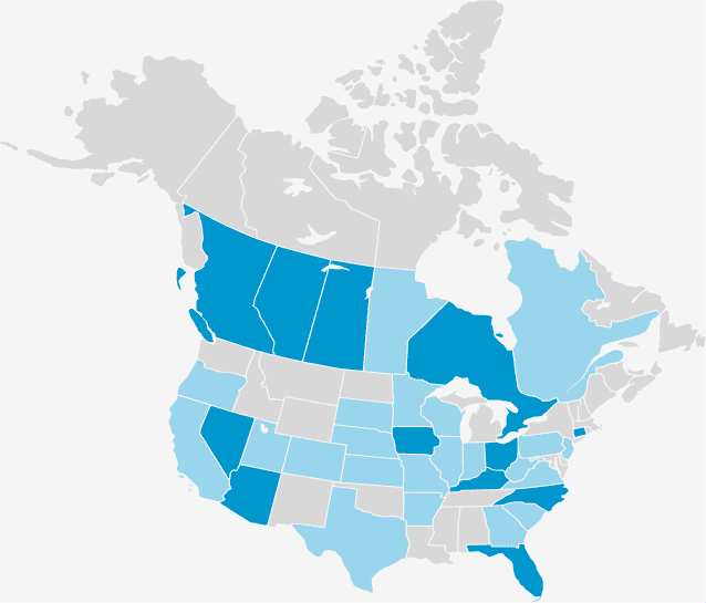 Map of North America with blue highlights depicting service areas